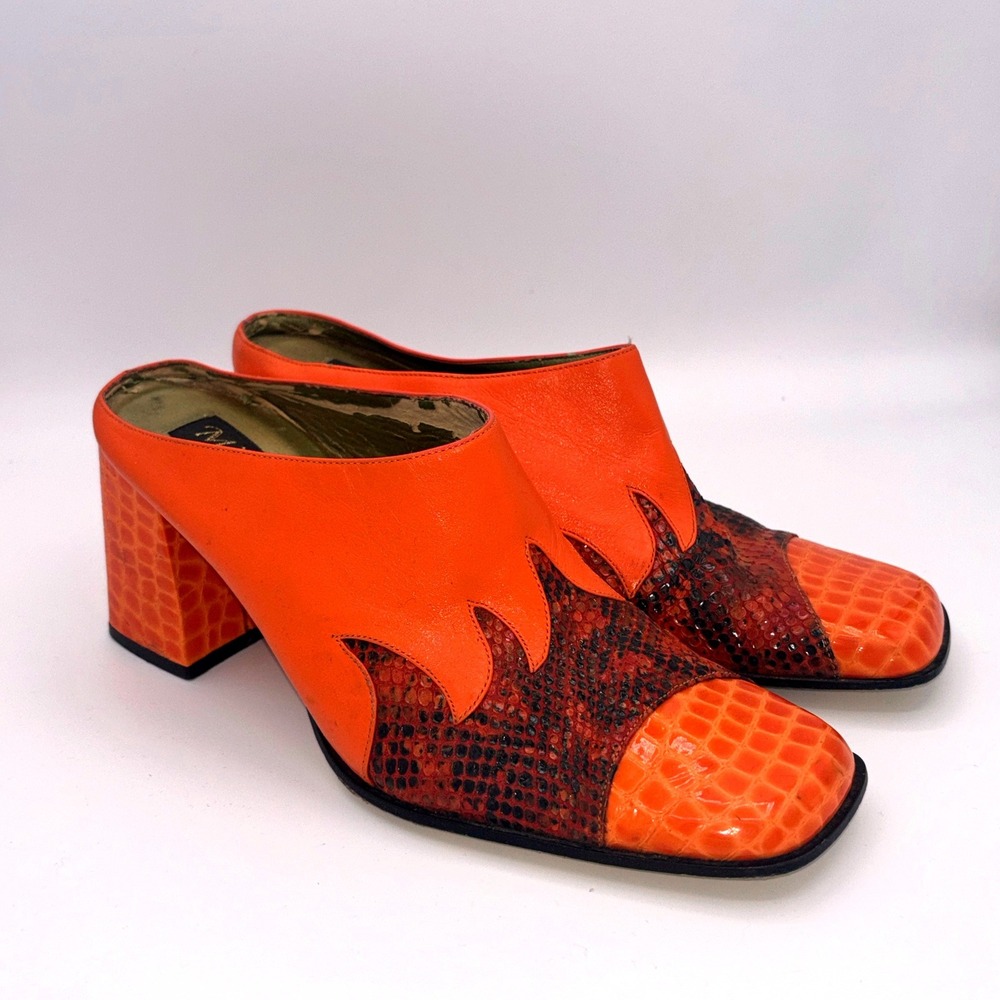Milagros Flame Mules Sz 8 Orange Block Heel Snakeskin Croc Print Retro Dopamine